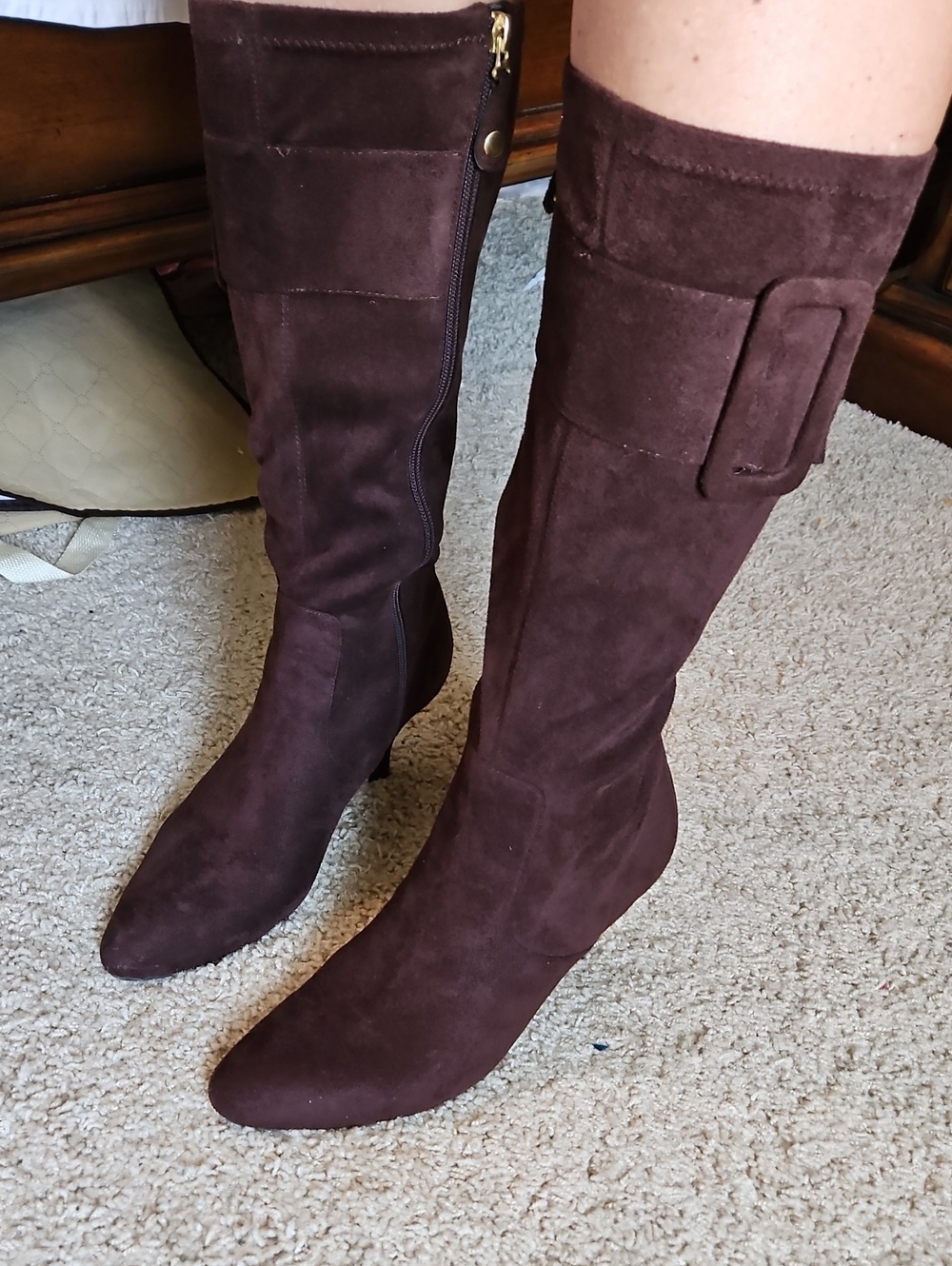 Women's Tall Suede Brown Knee Boots with Side Buckle